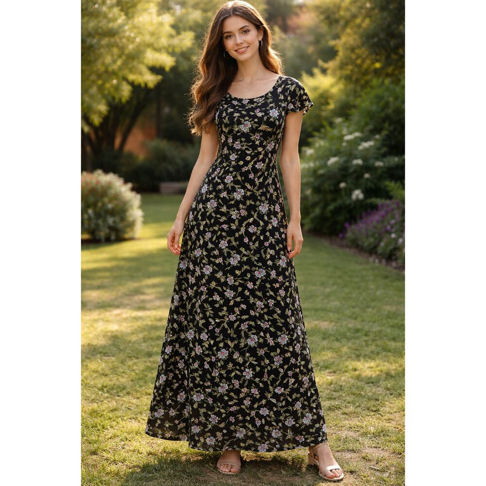 Vintage Mary McFadden Maxi Dress Size 8 Dark Floral Modest Whimsigoth